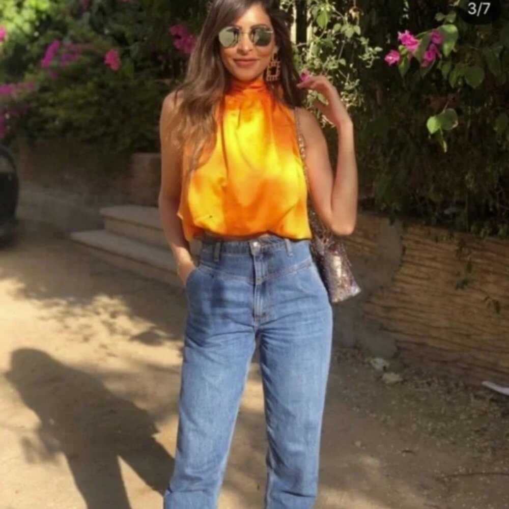 ZARA Orange Satin Halter Tie Neck Wrap Top - Picture 3 of 11